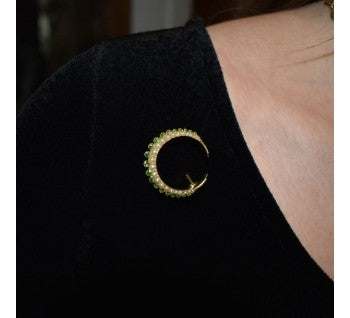 Antique Victorian Garnet Pearl and Gold Crescent Brooch, Circa 1875