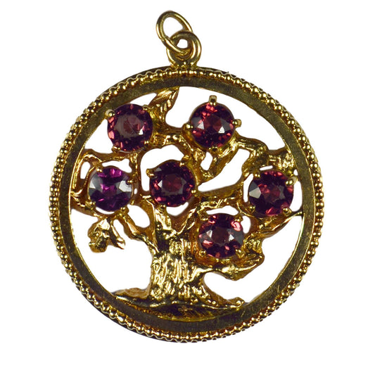 Garnet and 14ct Yellow Gold Tree of Life Medallion Charm Pendant