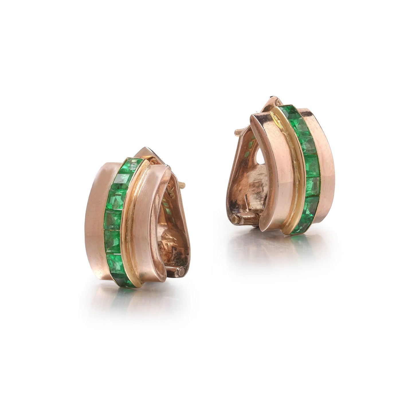 Signed Gazdar 15KT Gold Square-Cut Emerald Clip and Post Earrings