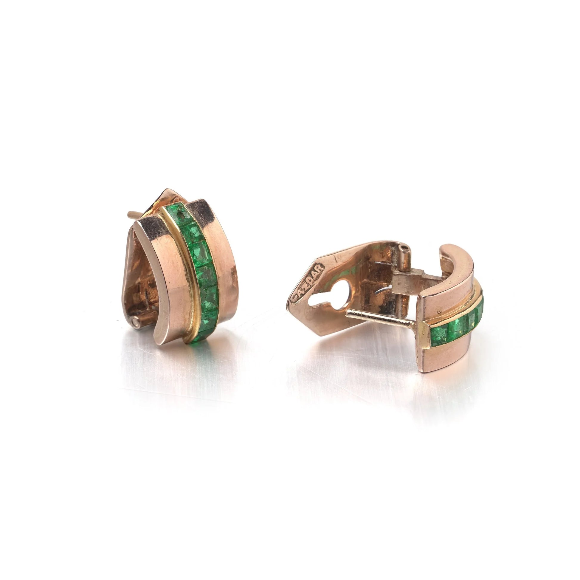 Signed Gazdar 15KT Gold Square-Cut Emerald Clip and Post Earrings