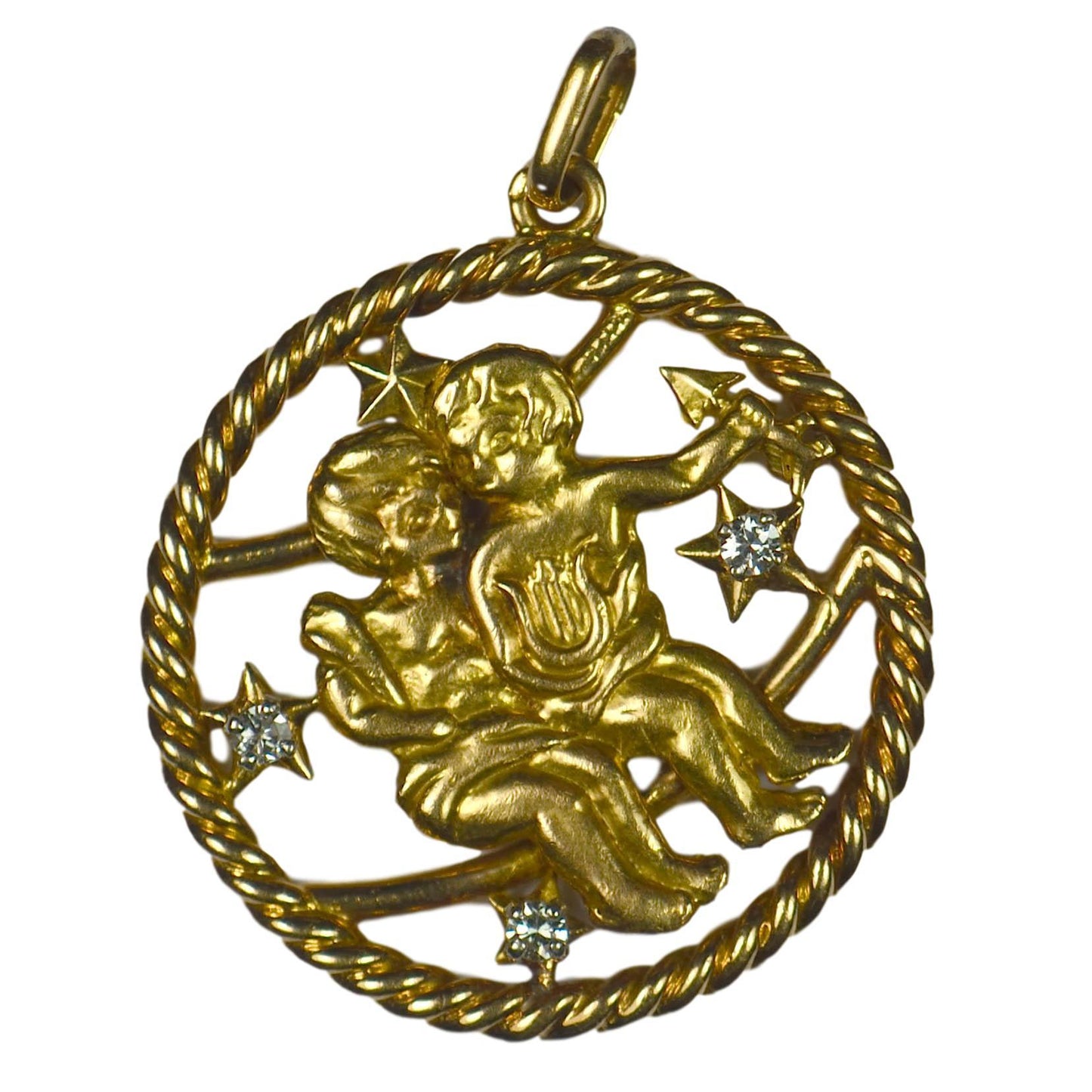 French Gemini Zodiac Gold and Diamond Pendant Charm