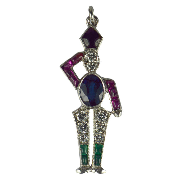 Art Deco Sapphire, Diamond, Ruby and Emerald Soldier Charm Pendant