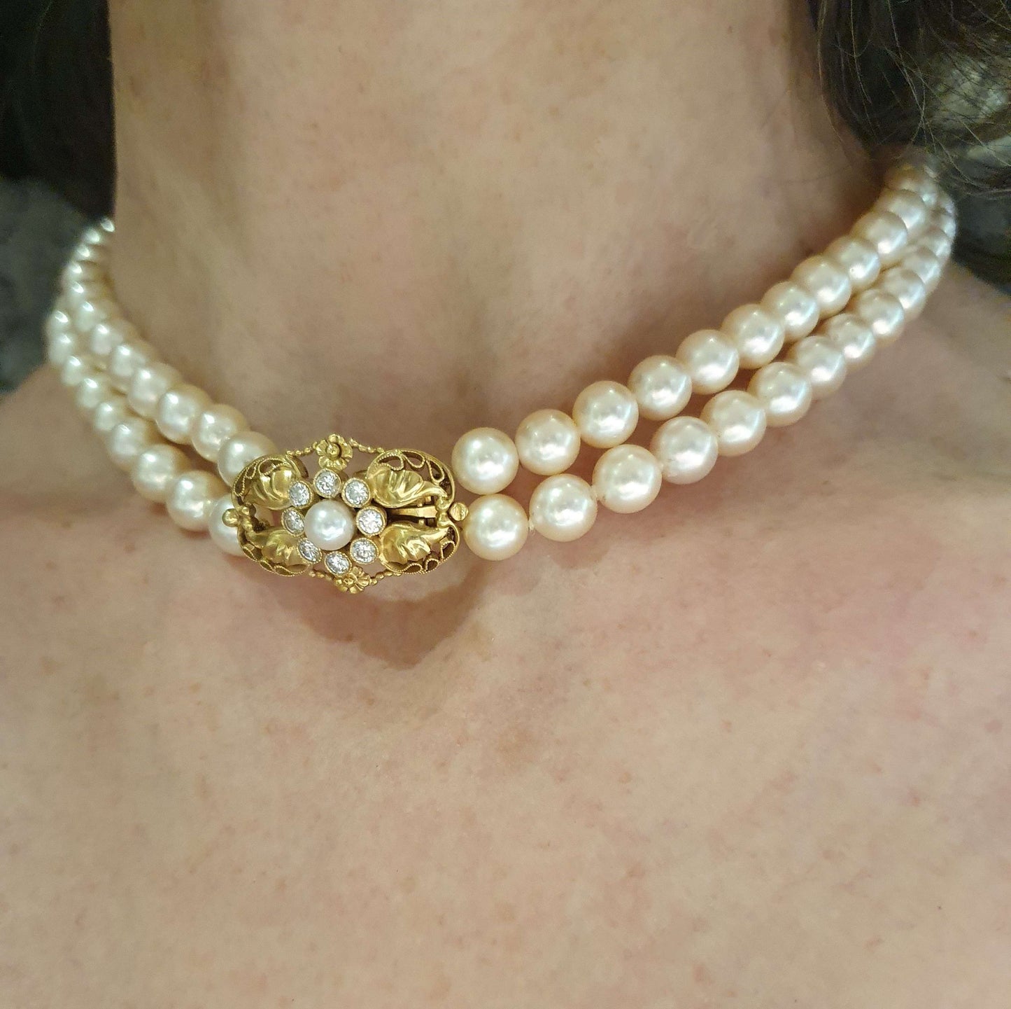Vintage Georg Jensen Double Row Pearl Choker Necklace with Pearl Diamond Gold Clasp