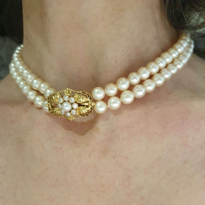 Vintage Georg Jensen Double Row Pearl Choker Necklace with Pearl Diamond Gold Clasp