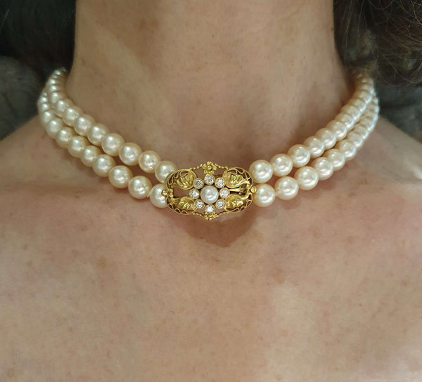 Vintage Georg Jensen Double Row Pearl Choker Necklace with Pearl Diamond Gold Clasp