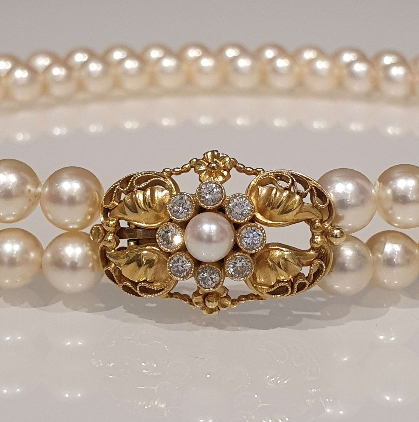 Vintage Georg Jensen Double Row Pearl Choker Necklace with Pearl Diamond Gold Clasp