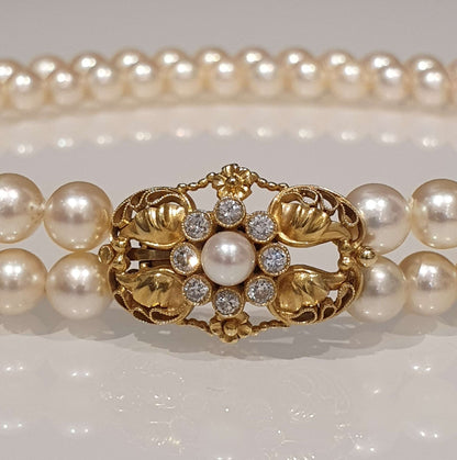 Vintage Georg Jensen Double Row Pearl Choker Necklace with Pearl Diamond Gold Clasp