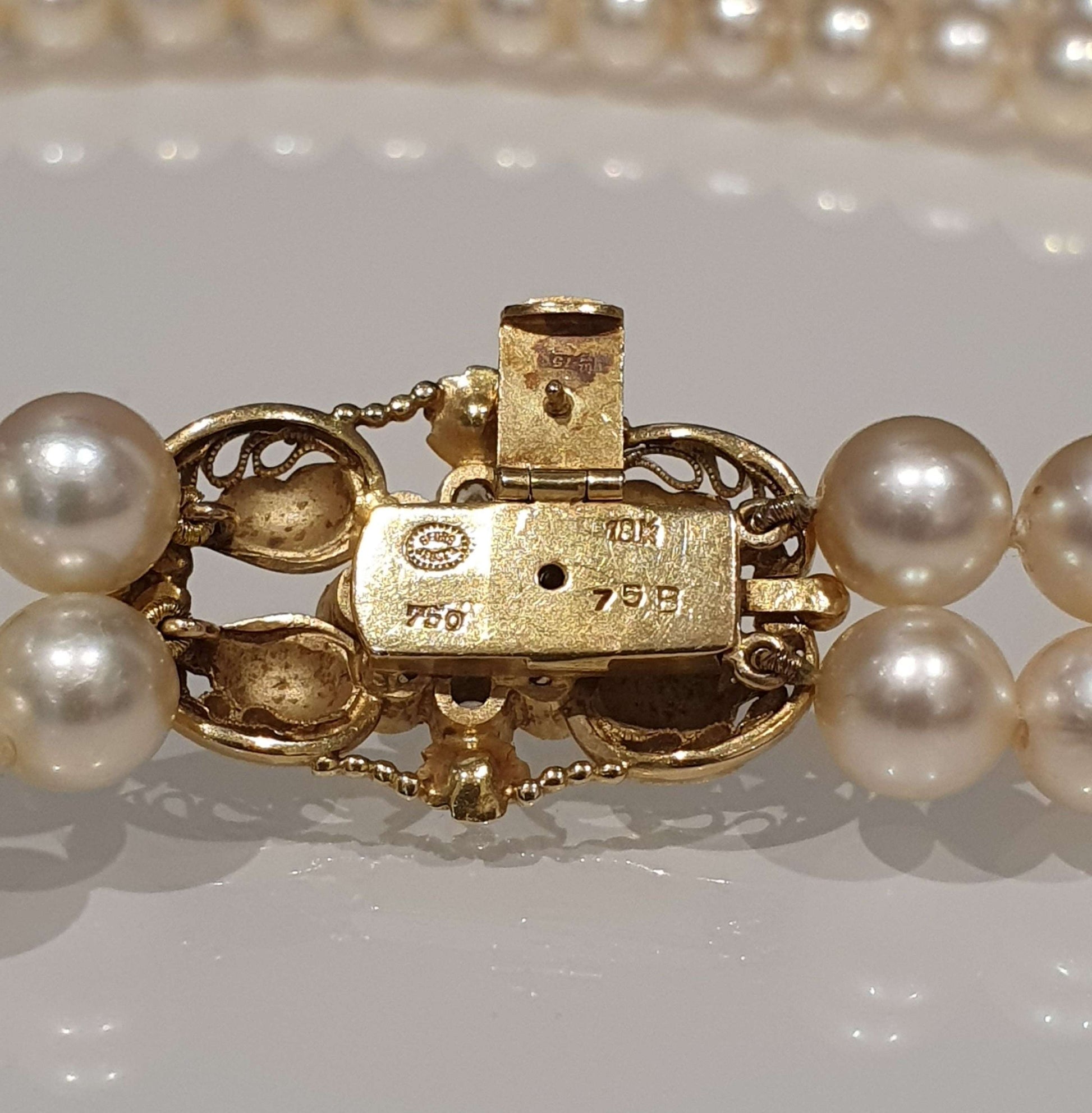 Vintage Georg Jensen Double Row Pearl Choker Necklace with Pearl Diamond Gold Clasp