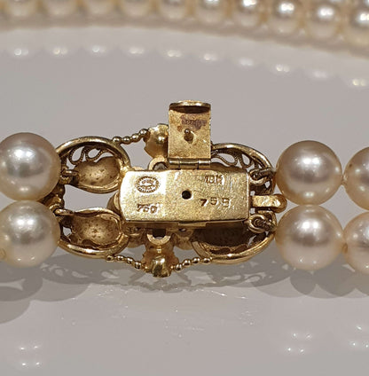 Vintage Georg Jensen Double Row Pearl Choker Necklace with Pearl Diamond Gold Clasp