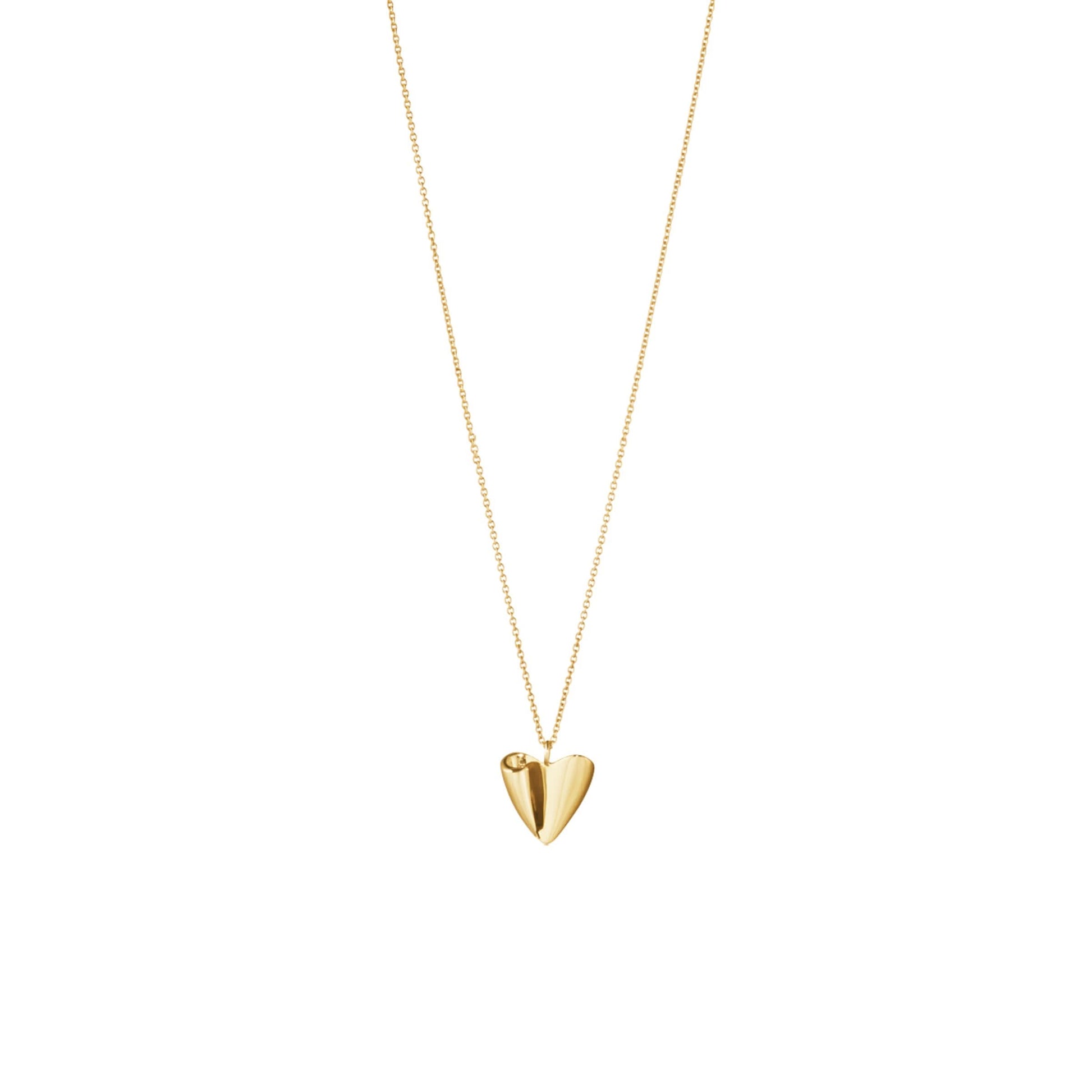 A yellow gold folded heart pendant on a gold chain