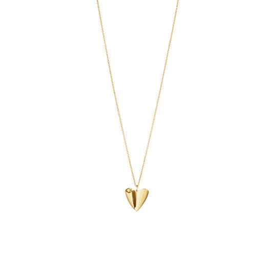 A yellow gold folded heart pendant on a gold chain