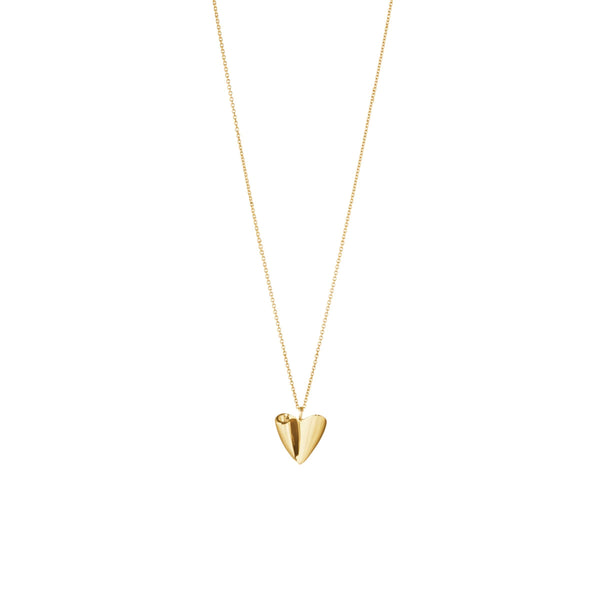 A yellow gold folded heart pendant on a gold chain