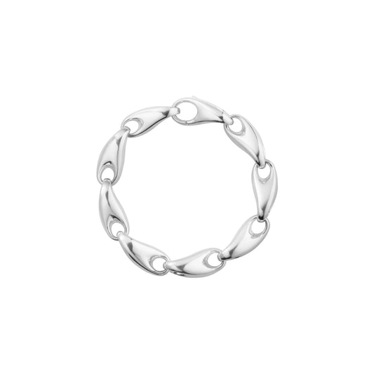 A silver linked bracelet, on a white background