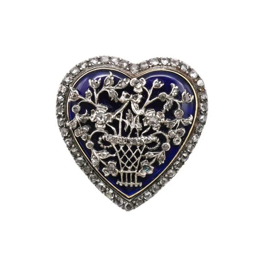 Georgian Antique Bristol Cobalt Blue Glass and Rose Cut Diamond Heart Brooch, Circa 1820