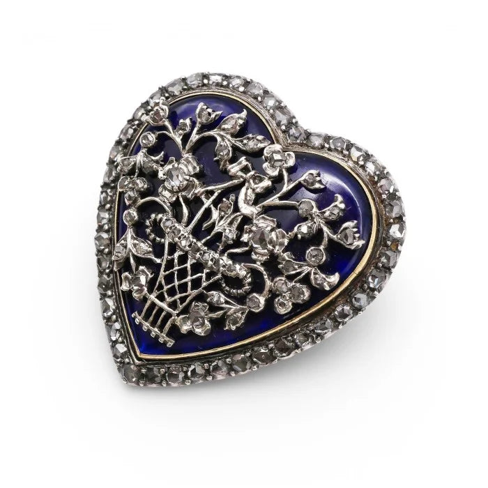 Georgian Antique Bristol Cobalt Blue Glass and Rose Cut Diamond Heart Brooch, Circa 1820