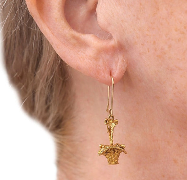 Model Vintage Gold Basket and Flowers Drop Earrings