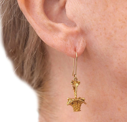 Model Vintage Gold Basket and Flowers Drop Earrings