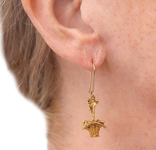 Model Vintage Gold Basket and Flowers Drop Earrings