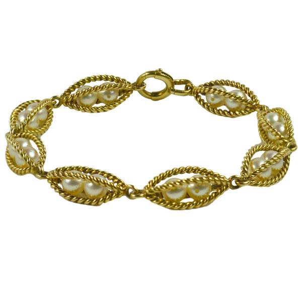 French 18ct Yellow Gold Wire Caged Pearl Bracelet