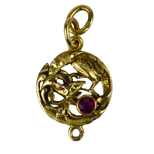 French Art Nouveau Ruby and 18ct Yellow Gold Griffon Charm Pendant
