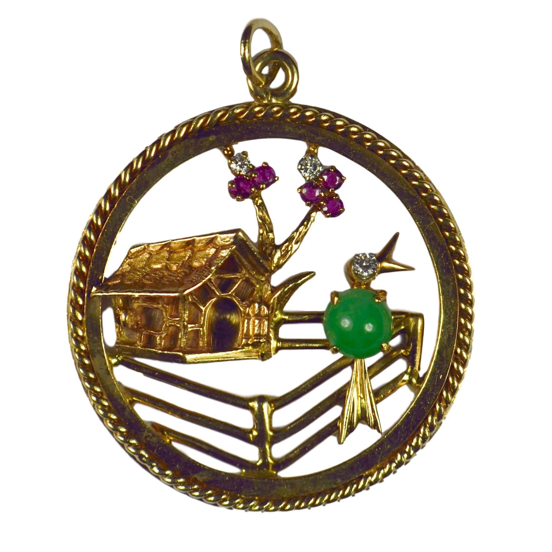 Jade, Ruby, Diamond and Gold Bird Home Sweet Home Charm Pendant