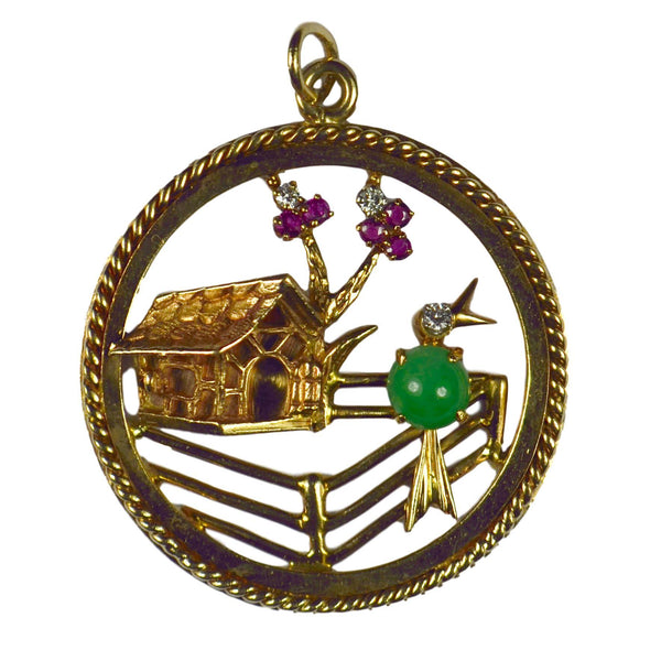 Jade, Ruby, Diamond and Gold Bird Home Sweet Home Charm Pendant