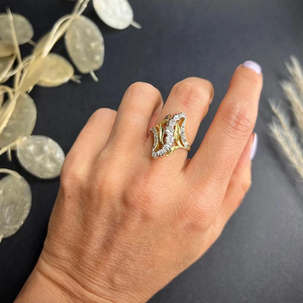 Antique Art Nouveau Old Cut Diamond Ring In 18 Carat Yellow And White Gold