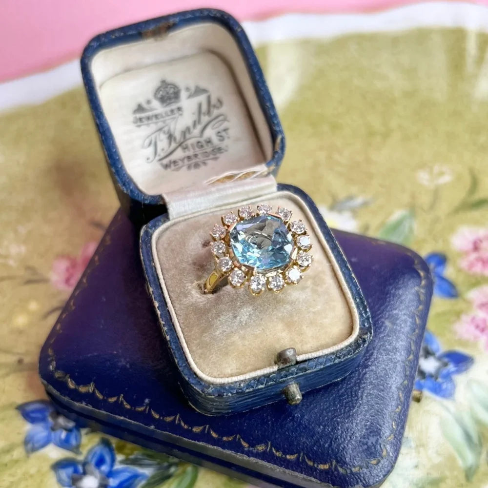 Vintage 18 Carat Yellow Gold Blue Topaz And Diamond Statement Ring
