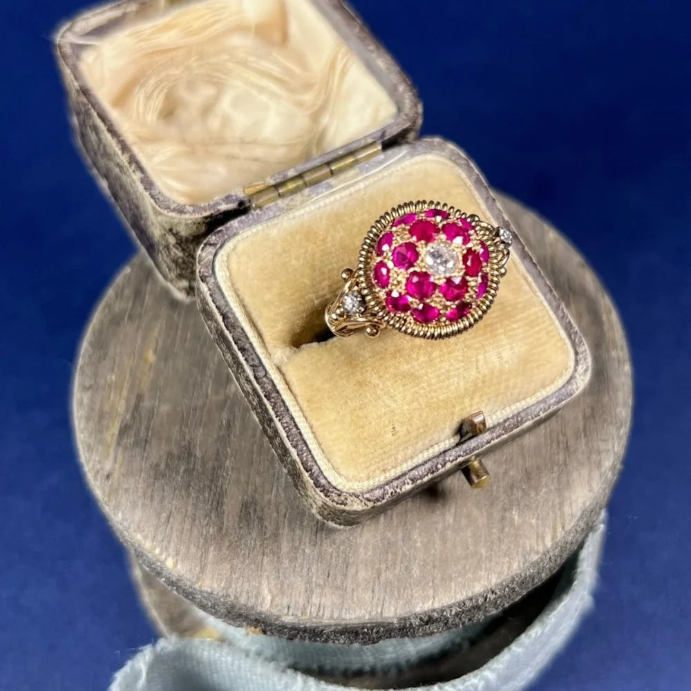 Vintage 1940s Ruby and Diamond Bombe Cluster Ring