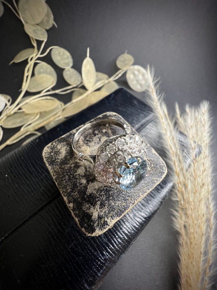 Vintage 18ct White Gold Aquamarine and Diamond Tiered Dress Ring