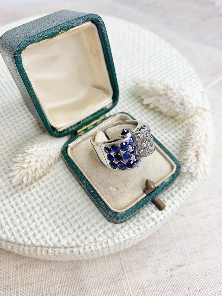 Vintage Old Cut Diamond And Sapphire Cocktail Ring In Platinum