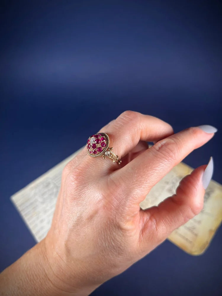 Vintage 1940s Ruby and Diamond Bombe Cluster Ring