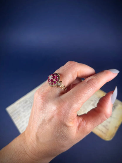 Vintage 1940s Ruby and Diamond Bombe Cluster Ring