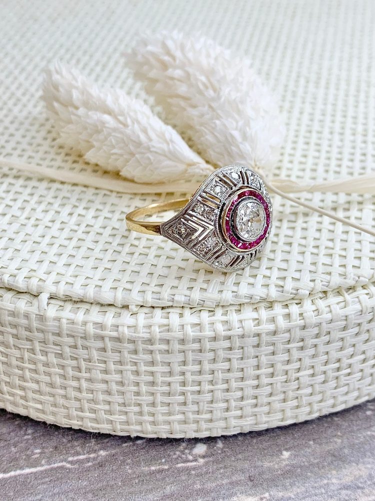 Antique Art Deco Old Cut Diamond And Ruby Target Ring In 18 Carat Yellow And White Gold