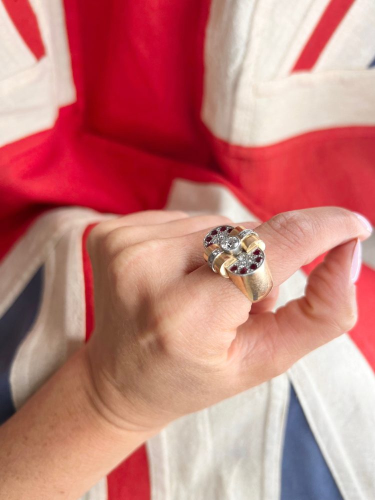 Art Deco French Diamond and Ruby Cluster Statement Cocktail Ring