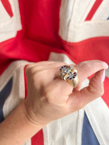 Art Deco French Diamond and Ruby Cluster Statement Cocktail Ring