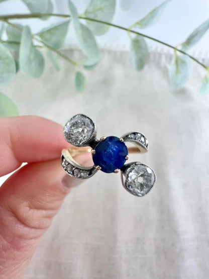 Antique Belle Époque Sapphire And Diamond Trilogy Ring In 18 Carat Yellow Gold