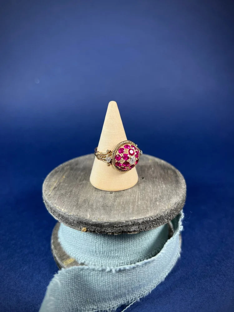 Vintage 1940s Ruby and Diamond Bombe Cluster Ring