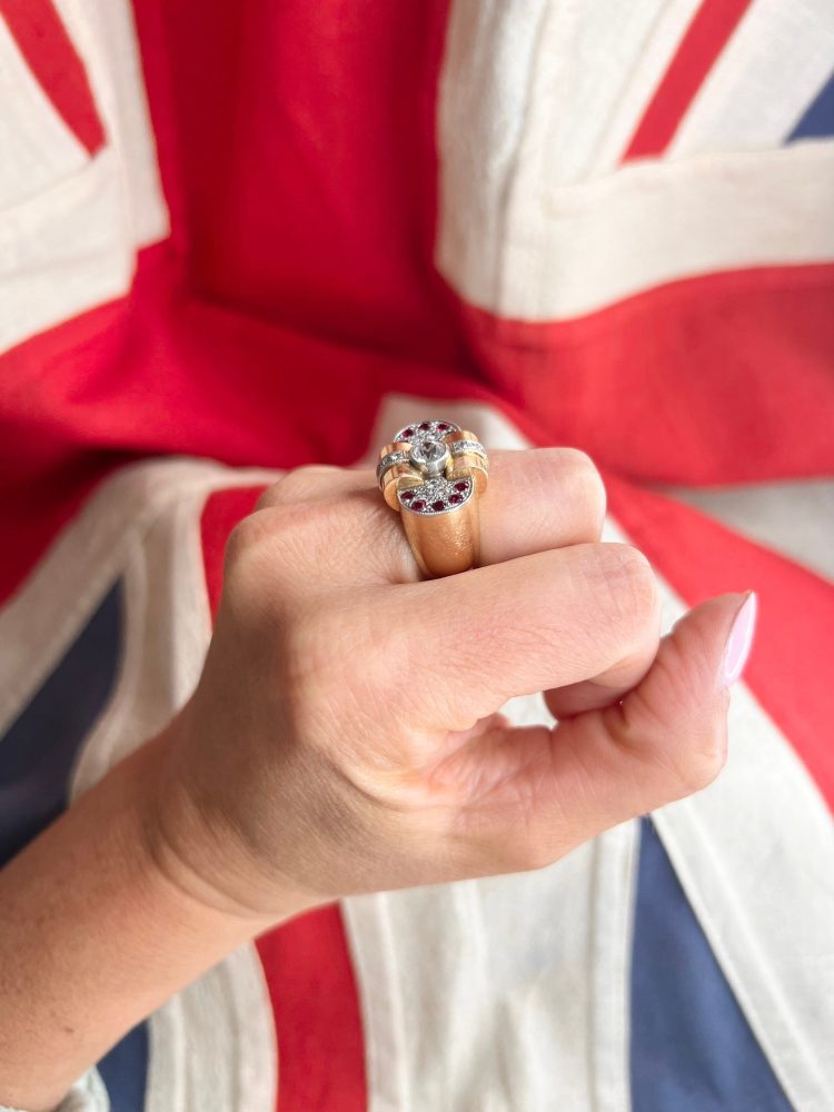 Art Deco French Diamond and Ruby Cluster Statement Cocktail Ring