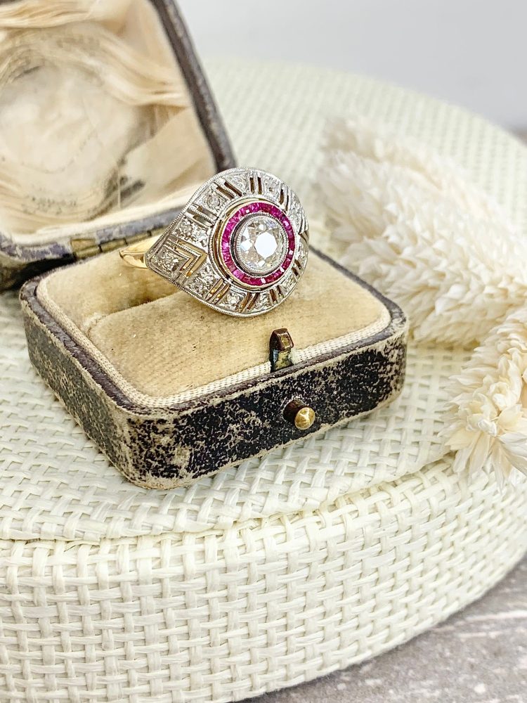 Antique Art Deco Old Cut Diamond And Ruby Target Ring In 18 Carat Yellow And White Gold