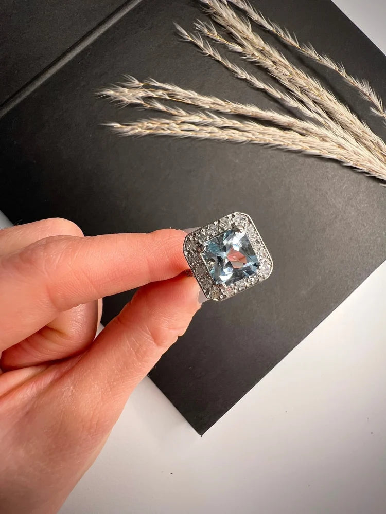 Art Deco Square Cut Aquamarine and Diamond Cluster Ring