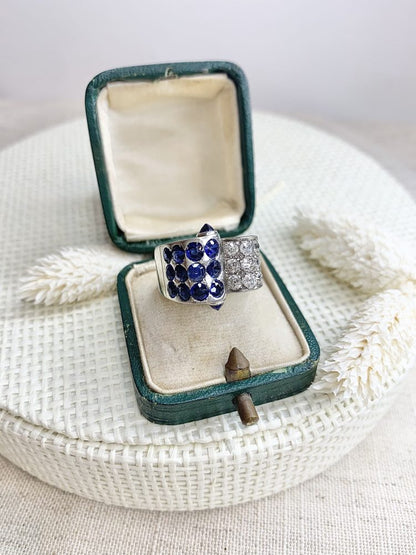 Vintage Old Cut Diamond And Sapphire Cocktail Ring In Platinum