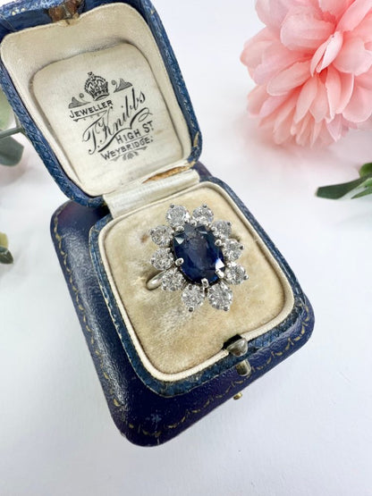 Sapphire And Diamond Cluster Ring In 18 Carat White Gold