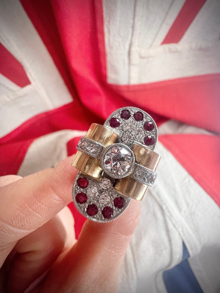 Art Deco French Diamond and Ruby Cluster Statement Cocktail Ring
