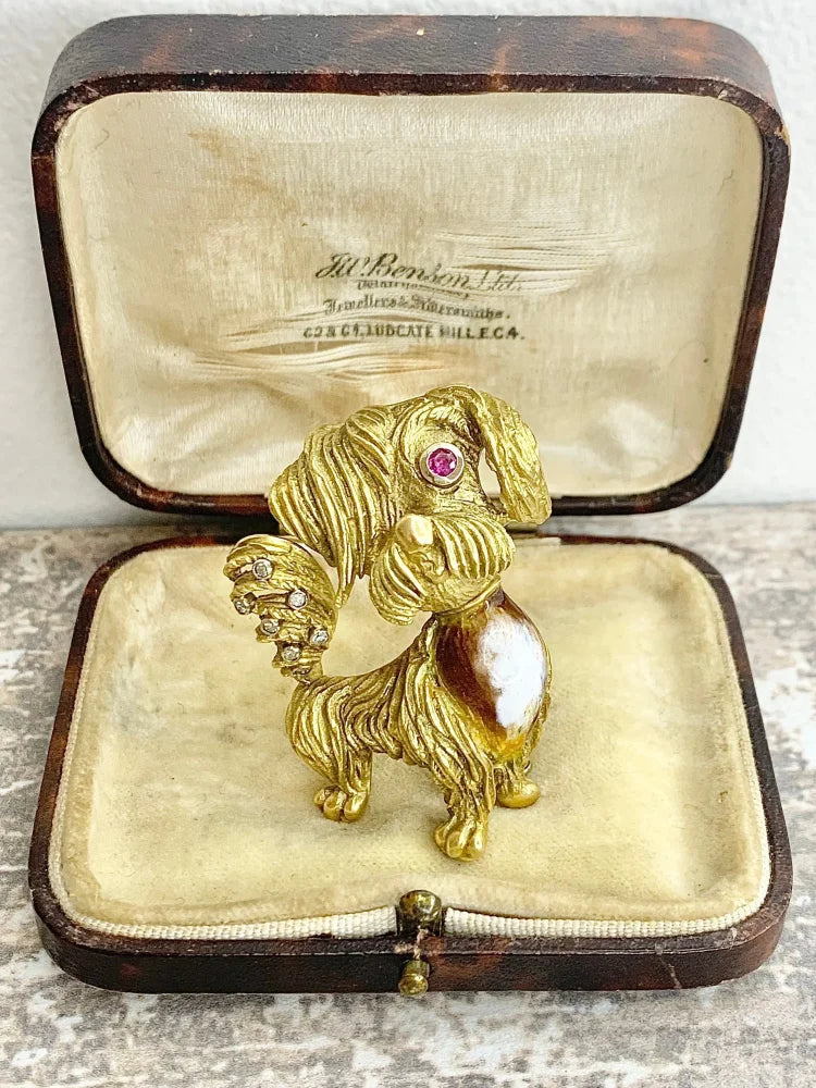 Vintage 18ct Gold Dog Brooch with Diamond Ruby and Enamel