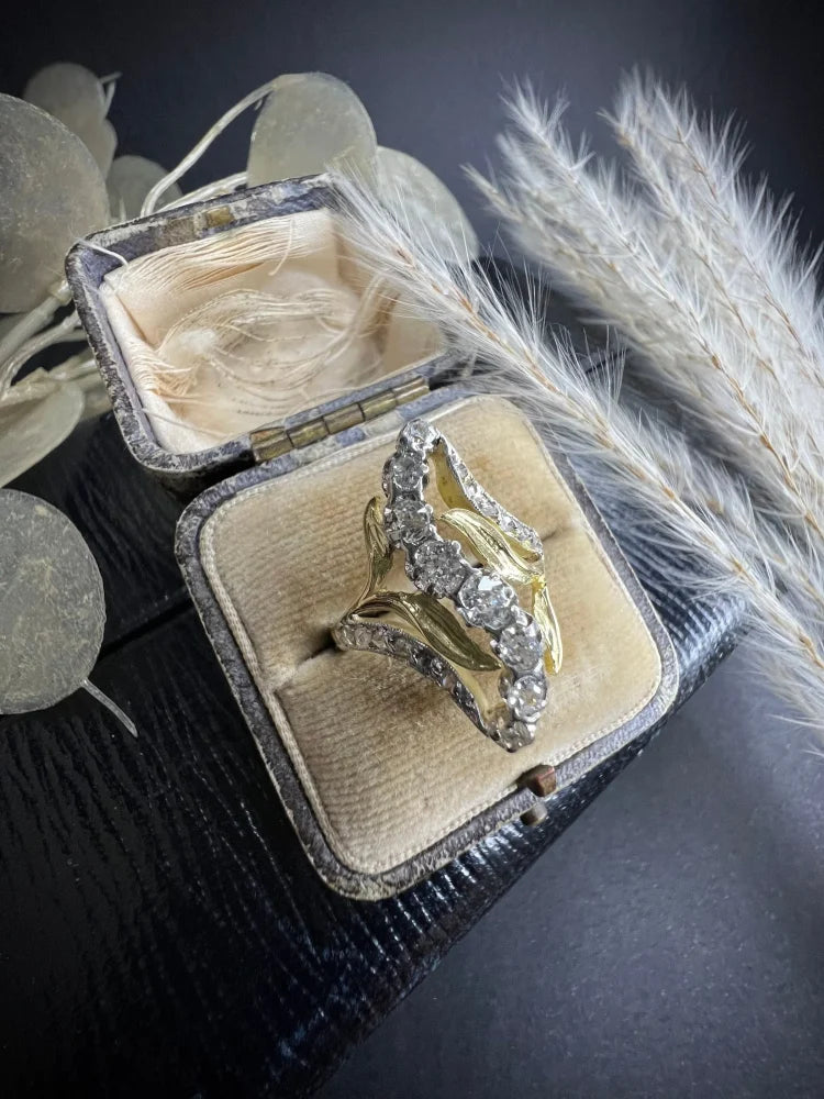 Antique Art Nouveau Old Cut Diamond Ring In 18 Carat Yellow And White Gold