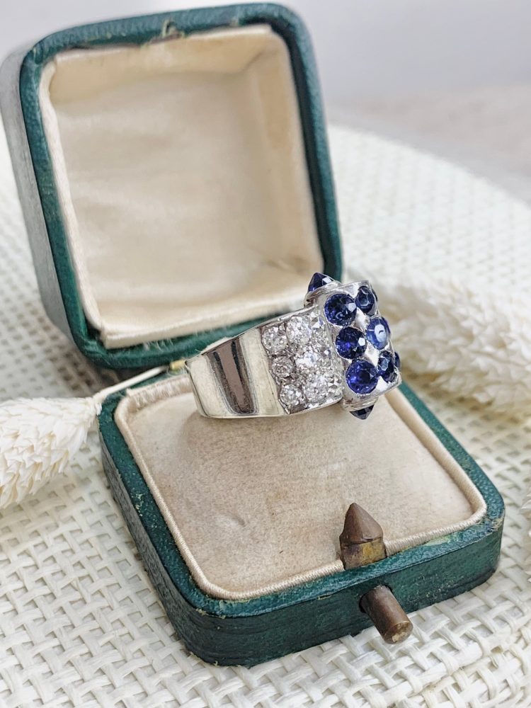 Vintage Old Cut Diamond And Sapphire Cocktail Ring In Platinum