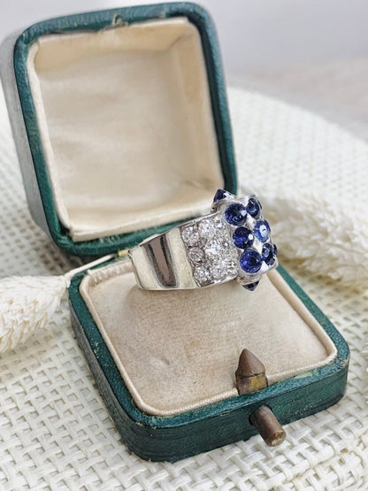 Vintage Old Cut Diamond And Sapphire Cocktail Ring In Platinum