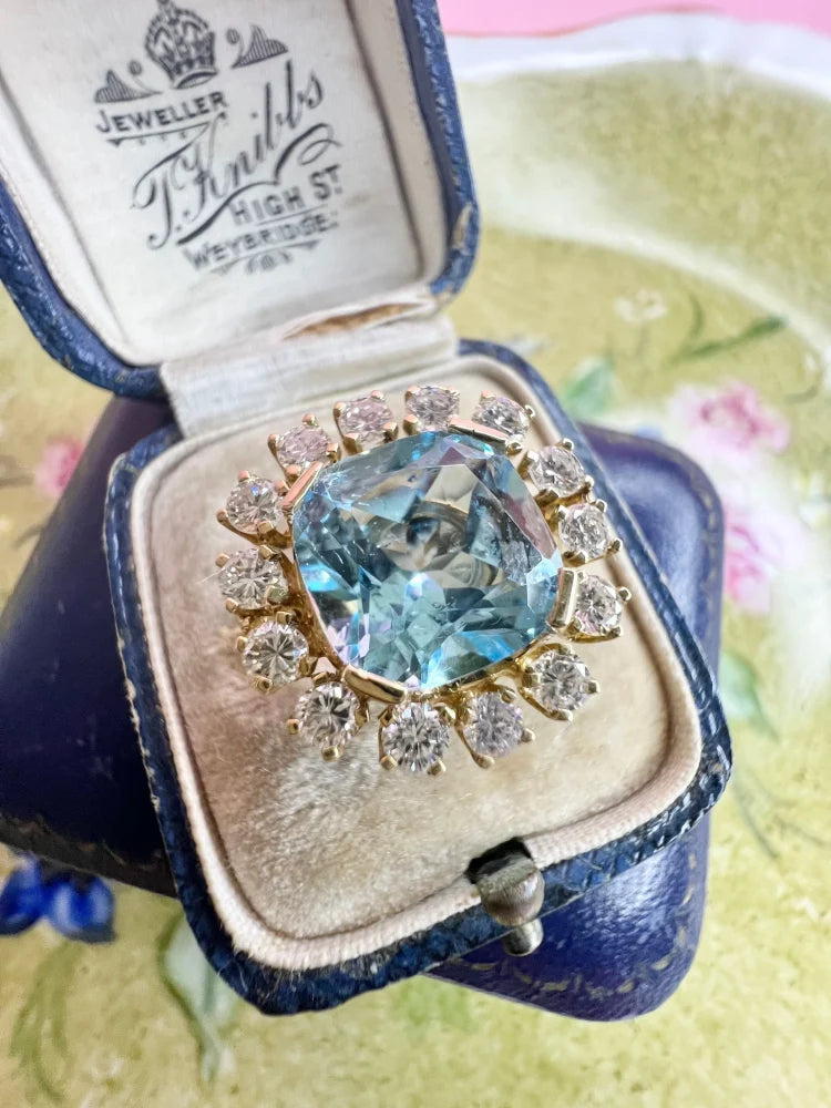 Vintage 18 Carat Yellow Gold Blue Topaz And Diamond Statement Ring