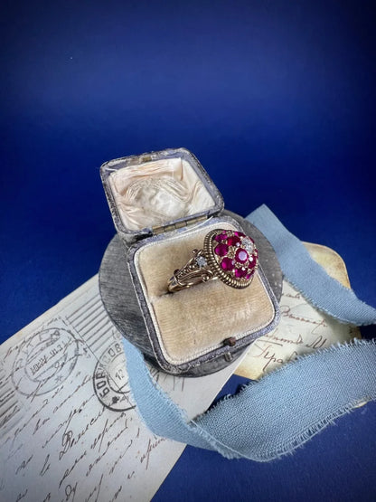 Vintage 1940s Ruby and Diamond Bombe Cluster Ring